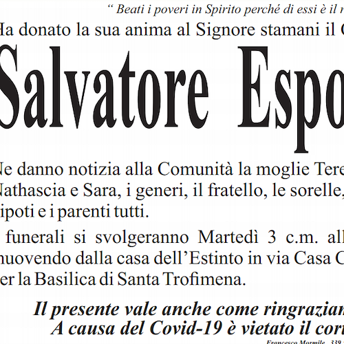 Minori, addio a Salvatore Esposito: martedì i funerali 