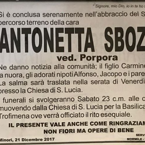 Minori: addio alla signora Antonietta Sbozza, domani i funerali