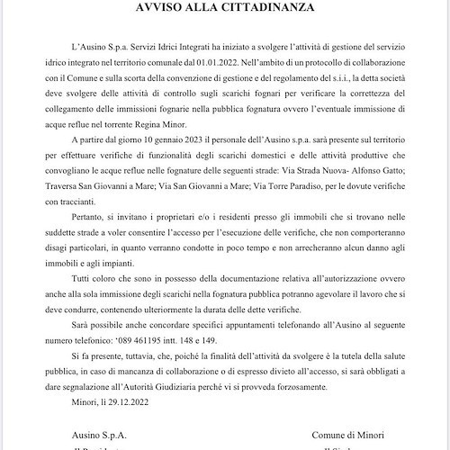 Minori, dal 10 gennaio controlli Ausino su immissioni fognarie: ecco le strade interessate