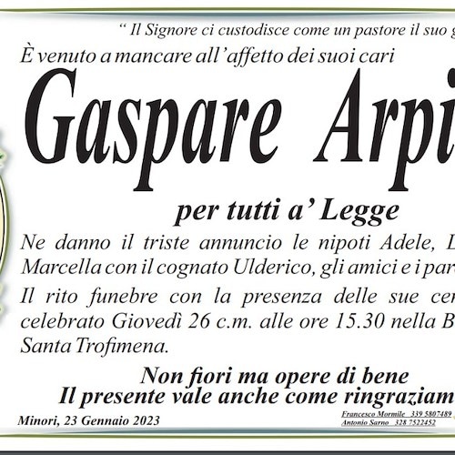 Minori dice addio a Gaspare Arpino, per tutti 'a Legge