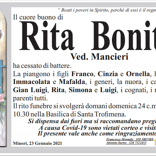 Minori dice addio a Rita Bonito, domani i funerali 
