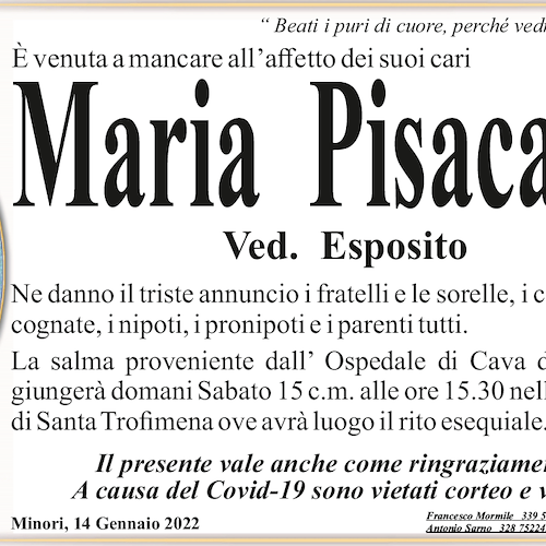 Minori dice addio alla signora Maria Pisacane: domani 15 gennaio i funerali 