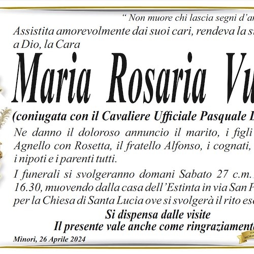 Minori e Castiglione di Ravello piangono la scomparsa della signora Maria Rosaria Vuolo