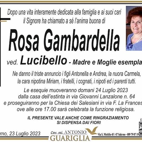 Minori e Salerno piangono la morte di Rosa Gambardella, vedova Lucibello