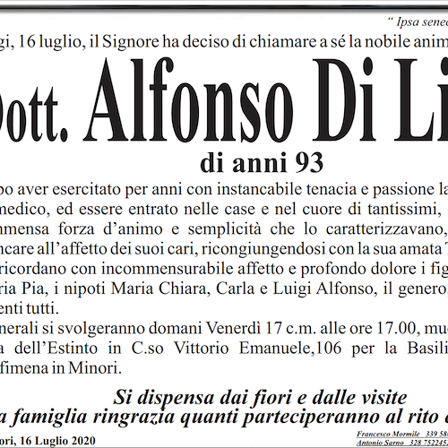 Minori piange il dottor Alfonso Di Lieto. Oggi i funerali 