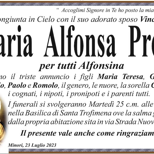 Minori piange la morte della Signora Maria Alfonsa Proto, vedova Cioffi