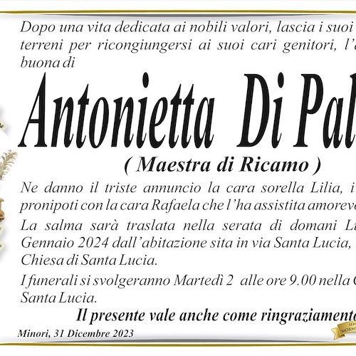 Minori piange la morte di Antonietta Di Palma, Maestra di Ricamo