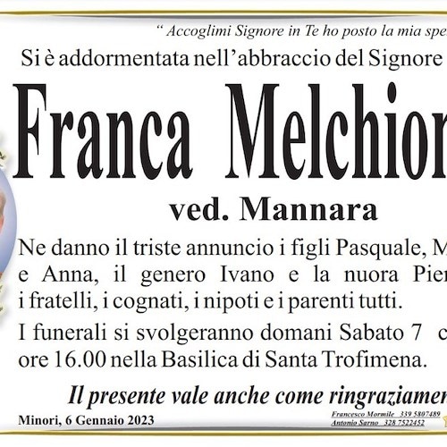 Minori piange la morte di Franca Melchionda, vedova Mannara