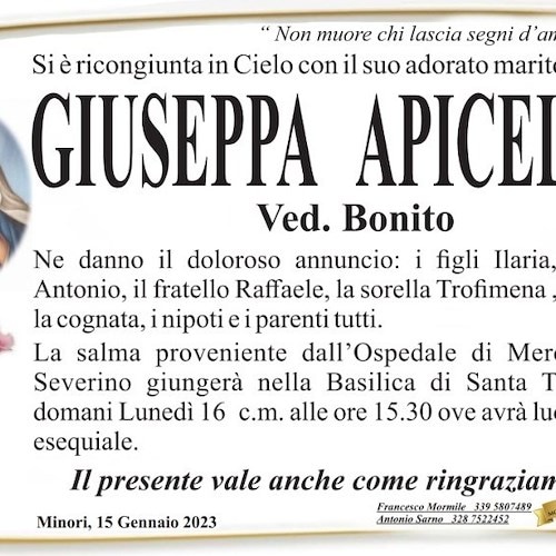 Minori piange la morte di Giuseppa Apicella, vedova Bonito