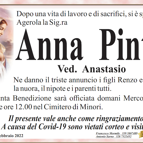 Minori piange la scomparsa della signora Anna Pinto, vedova Anastasio