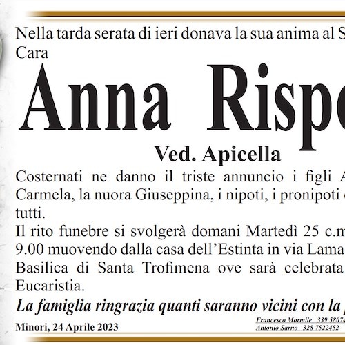 Minori piange la scomparsa della signora Anna Rispoli, vedova Apicella