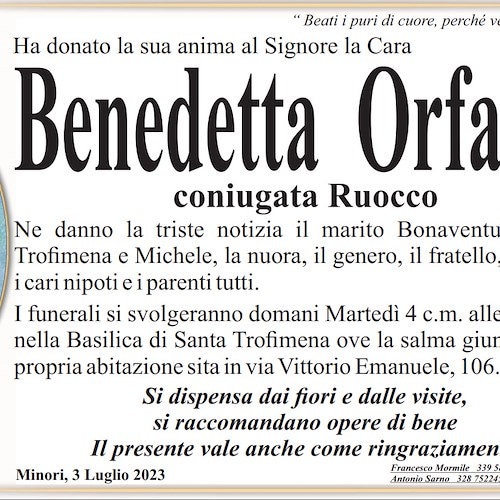 Minori piange la scomparsa della signora Benedetta Orfano’, coniugata Ruocco
