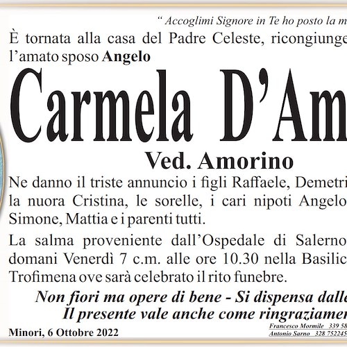 Minori piange la scomparsa della signora Carmela D’Amato, vedova dell'ex sindaco Amorino