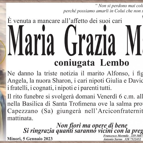 Minori piange la scomparsa della signora Maria Grazia Mansi, coniugata Lembo