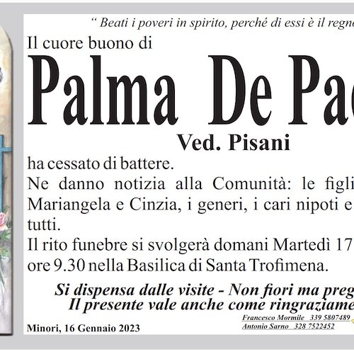 Minori piange la scomparsa della signora Palma De Paolo, vedova Pisani