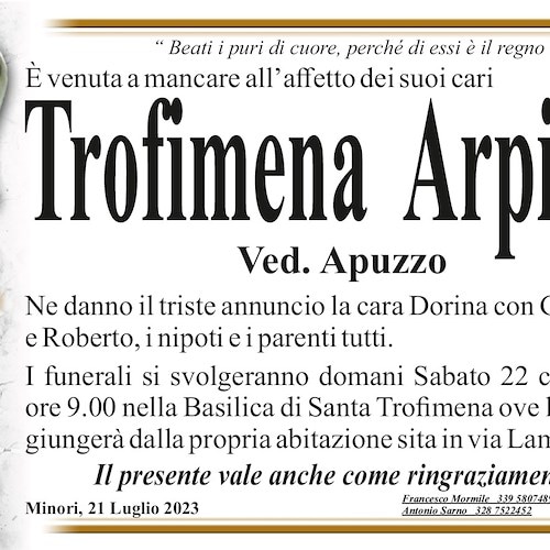 Minori piange la scomparsa della signora Trofimena Arpino, vedova Apuzzo