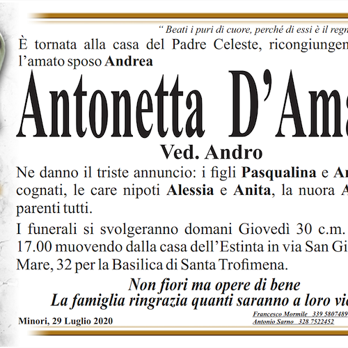 Minori piange la scomparsa di Antonetta D'Amato: domani i funerali 