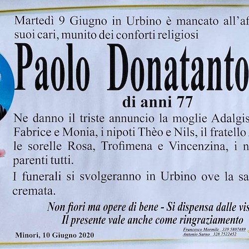 Minori piange Paolo Donatantonio: funerali ad Urbino