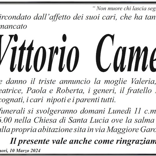 Minori porge commossa l'ultimo saluto a Vittorio Camera, aveva 92 anni