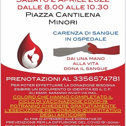Minori: sabato 2 aprile si dona il sangue con Avis, necessaria la prenotazione