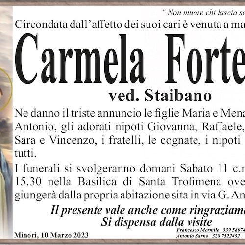 Minori, si è spenta a 96 anni la signora Carmela Fortezza, vedova Staibano