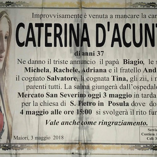 Morte Caterina D'Acunto, eseguita autopsia. Oggi pomeriggio i funerali