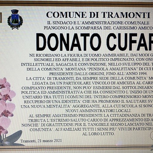 Morte Donato Cufari, il cordoglio di politica e istituzioni della Costa d'Amalfi
