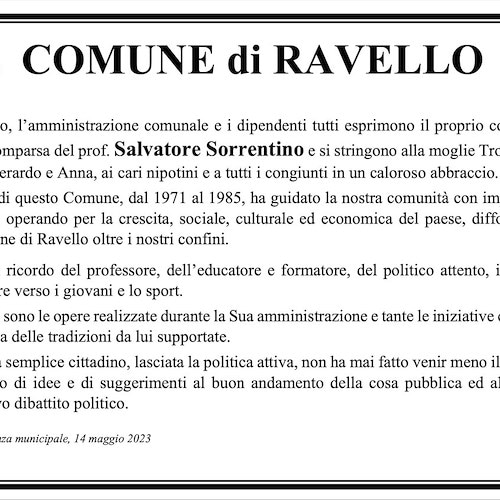 Morte Sorrentino, il cordoglio del sindaco Vuilleumier: «Ha contribuito a diffondere l’immagine di Ravello nel Mondo» 