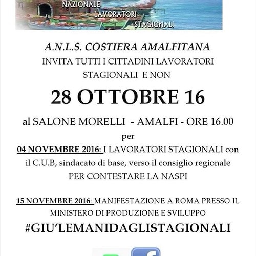 NASpI, stagionali Costa d'Amalfi si riorganizzano per manifestazione del 15 novembre a Roma