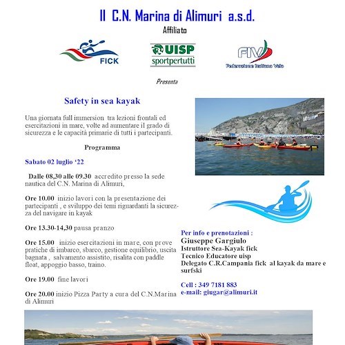 "Navigare sicuri", 2 luglio una giornata full immersion sulla sicurezza in kayak al Circolo Nautico "Alimuri" di Meta