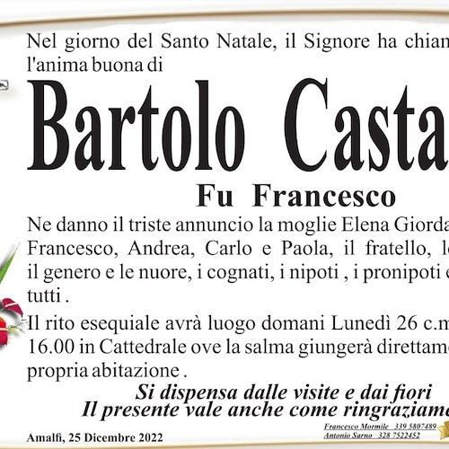 Nel giorno di Natale, Amalfi porge l'ultimo saluto a Bartolo Castaldi