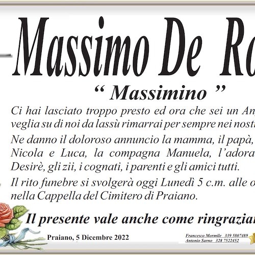 Oggi pomeriggio a Praiano i funerali di Massimo De Rosa, morto tragicamente nell'incidente di ieri. È lutto cittadino