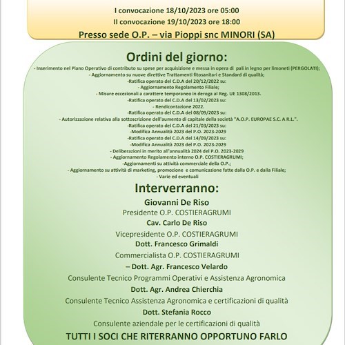 OP Costieragrumi: convocazione assemblea ordinaria dei soci. All’ordine del giorno contributi per messa in opera pali in legno
