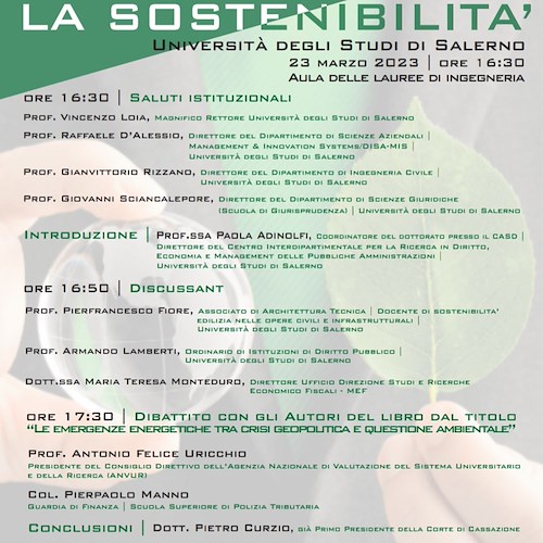 “Organizzare la Sostenibilità", 23 marzo convegno all'Università di Salerno