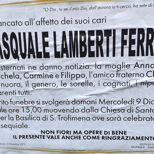 Pasquale Lamberti, oggi alle 15 funerali a Minori