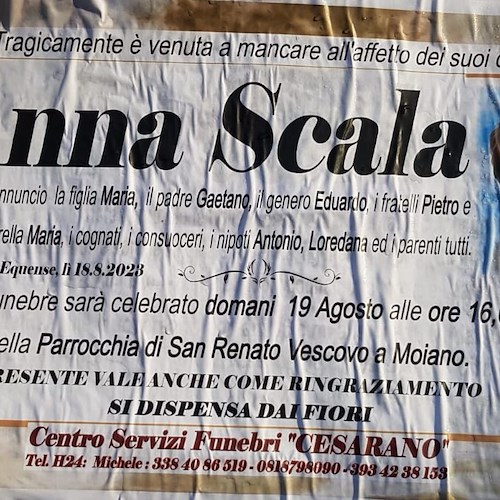 Penisola Sorrentina, morte Anna Scala: domani i funerali