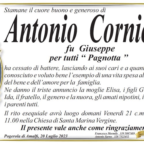 Pogerola di Amalfi piange la scomparsa del signor Antonio Corniola, per tutti "Pagnotta"