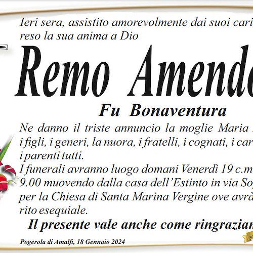 Pogerola di Amalfi piange la scomparsa del signor Remo Amendola