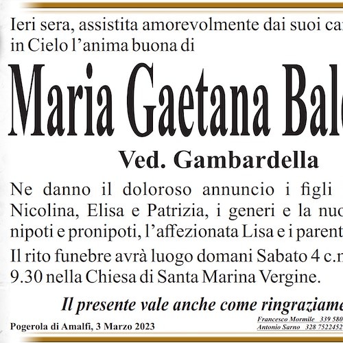 Pogerola di Amalfi piange la scomparsa della signora Maria Gaetana Baldino, vedova Gambardella