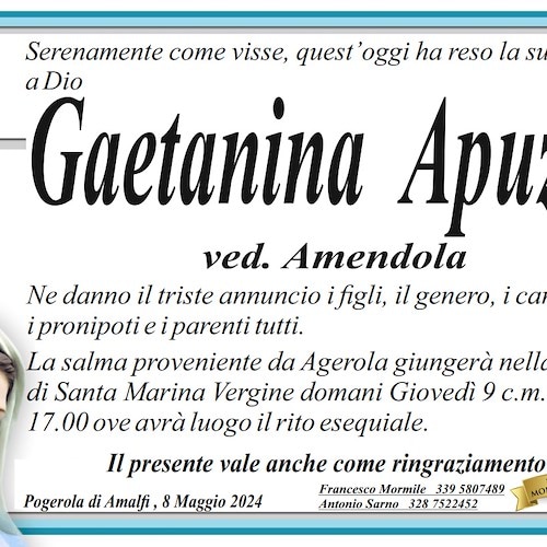Pogerola di Amalfi, si è spenta a 94 anni la signora Gaetanina Apuzzo
