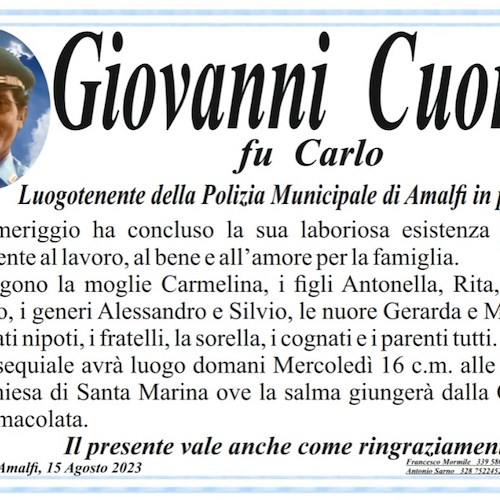 Pogerola piange la morte di Giovanni Cuomo, già Luogotenente della Polizia Municipale di Amalfi 