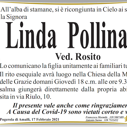 Pogerola piange la scomparsa di Linda Pollinaro: domani i funerali 