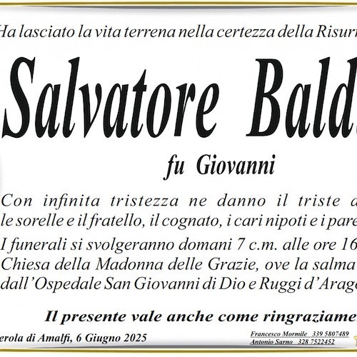 Lutto a Pogerola di Amalfi: è venuto a mancare Salvatore Baldino, aveva 63 anni