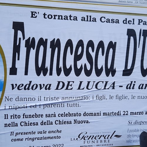 Positano dice addio a Francesca D'Urso, madre dell'ex sindaco De Lucia