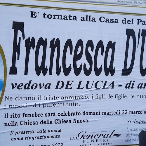 Positano dice addio a Francesca D'Urso, madre dell'ex sindaco De Lucia