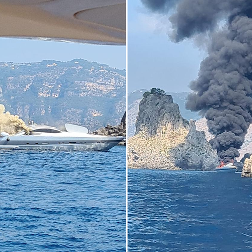 Positano, imbarcazione in fiamme all'arcipelago Li Galli /FOTO 