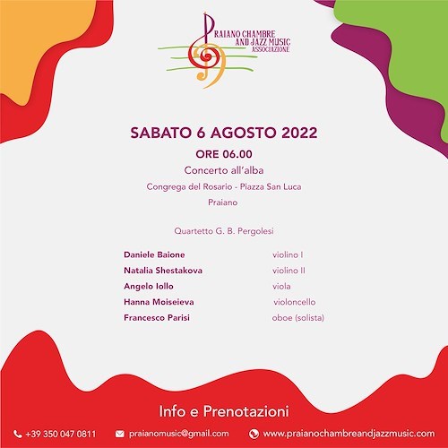 Praiano: 6 agosto Concerto all’alba con il Quartetto G.B. Pergolesi 