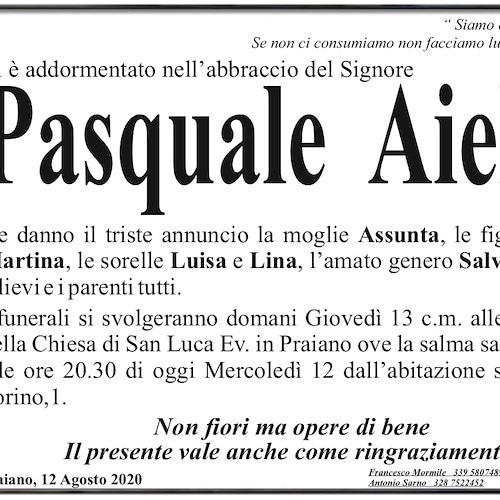 Praiano, addio al maestro Pasquale Aiello. Domani i funerali