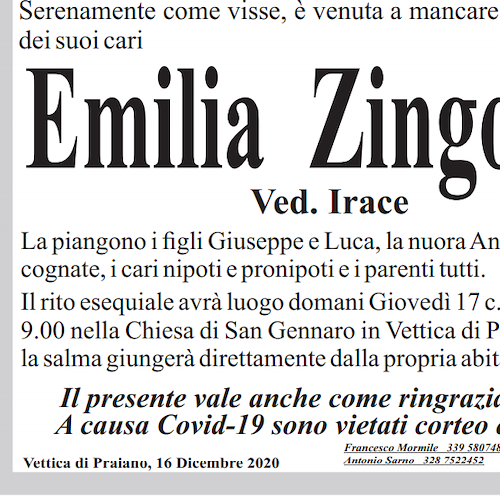 Praiano, addio alla signora Emilia Zingone: domani i funerali 