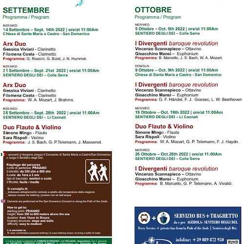 Praiano, dopo la pausa estiva riprendono i Concerti sul Sentiero degli Dei 
